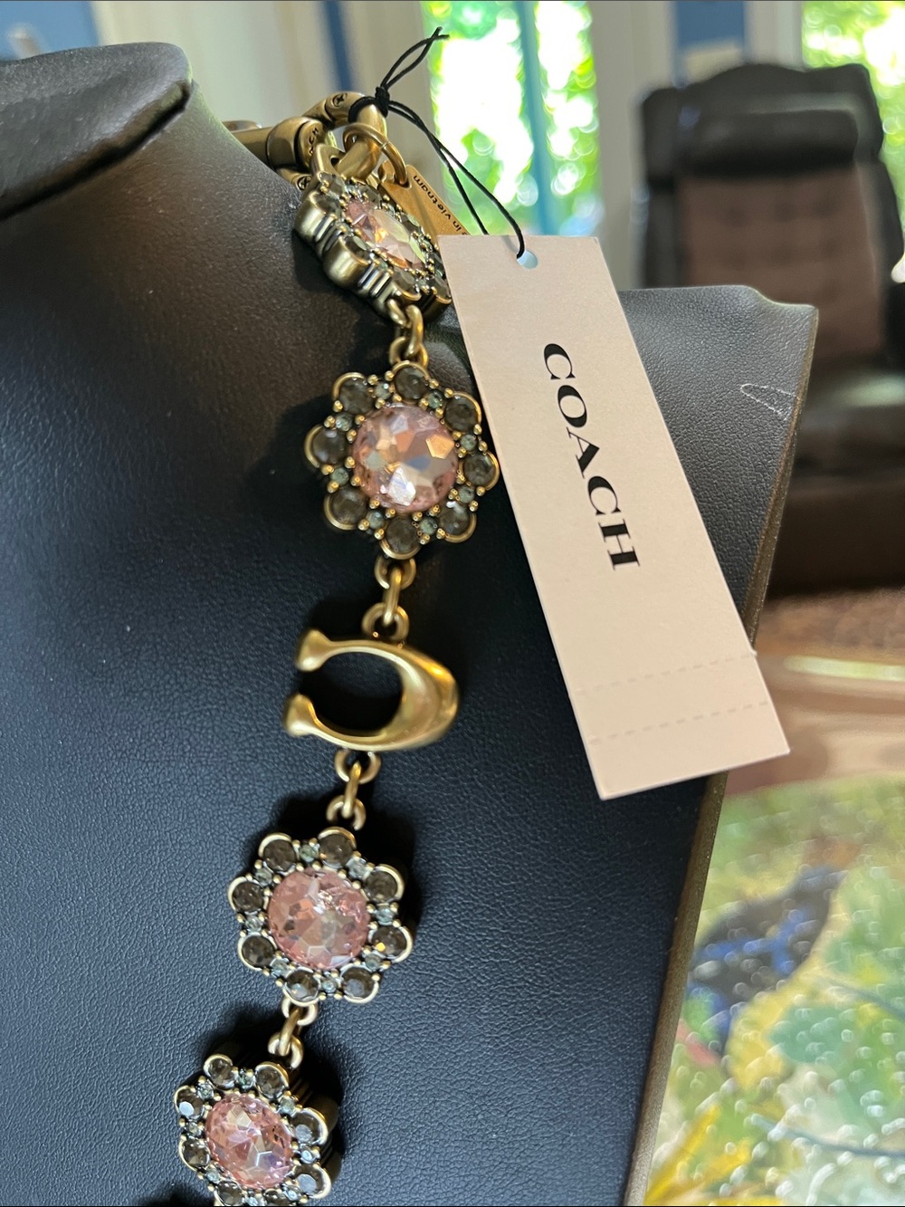 Coach Pink Crystal Floral-Link Necklace in Antiqued Gold - Picture 6 of 8